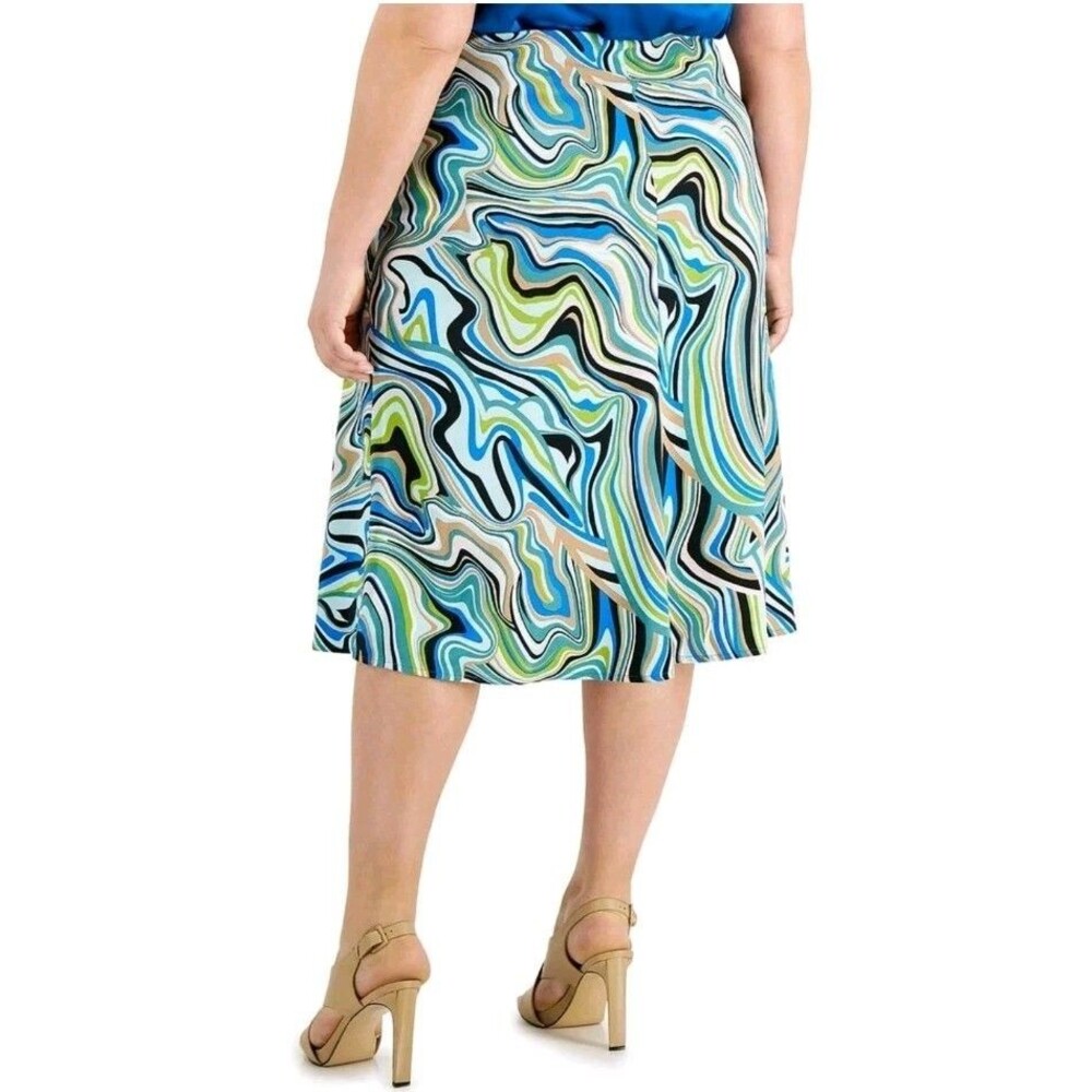 Bar III Plus Size Swirl Print A-Line Midi Psychedelic Aqua Marble Skirt Plus 16W - Picture 2 of 5